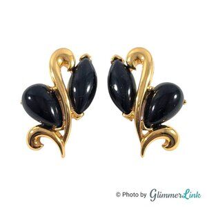 Vintage Trifari TM Black Marquise Lucite Gold Tone Swirl Pierced Earrings